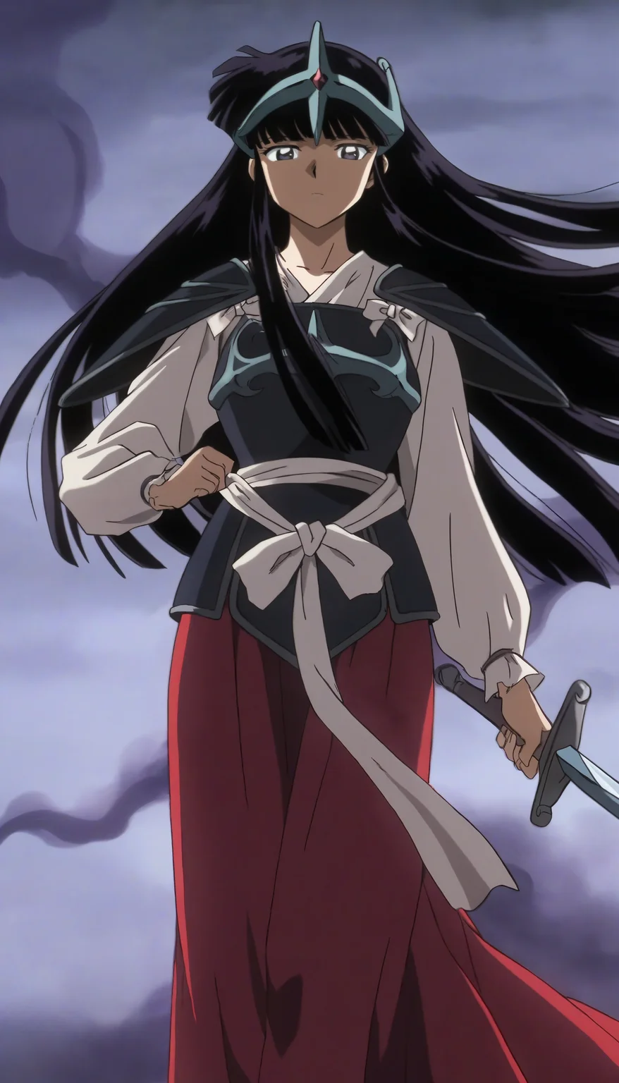 masterpiece,best quality,amazing quality,
<lora:kikyoNAI:1>,k1ky0,
1girl,solo,black hair,bangs,long hair,headpiece,white robe,cuff,shoulder armor,breastplate,white waist ribbon,red long skirt,looking at viewer,standing,right hand holding sword,smoke in background,wind,