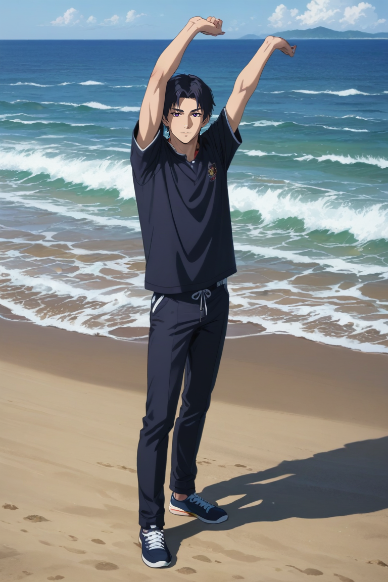 score_9, score_8_up, score_7_up, source_anime, rating_safe, intricate details, (photorealistic:0.6), looking at viewer, , 1boy, solo, male focus, <lora:guren_ichinose_pony:0.8>, guren_ichinose, black hair, purple eyes, short hair, parted bangs, straight-on, full body, beach, ocean, waves, island, day, sunny, stretching, laughing, , <lora:sdxl_lightning_8step_lora:1>