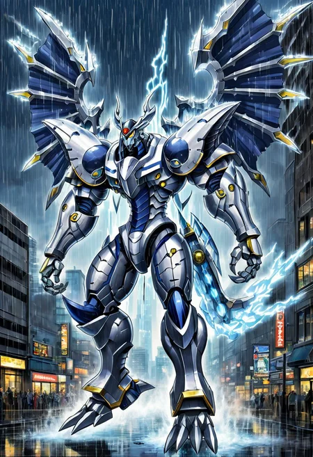 score_9, score_8_up, score_7_up, score_6_up, score_5_up, score_4_up,rating safe,source_anime,a mecha dorugoramon with energy wings holding an energy lance in a city with a deluge of rain falling from the sky,epic,apocalyptic,biomechanical,giant robot