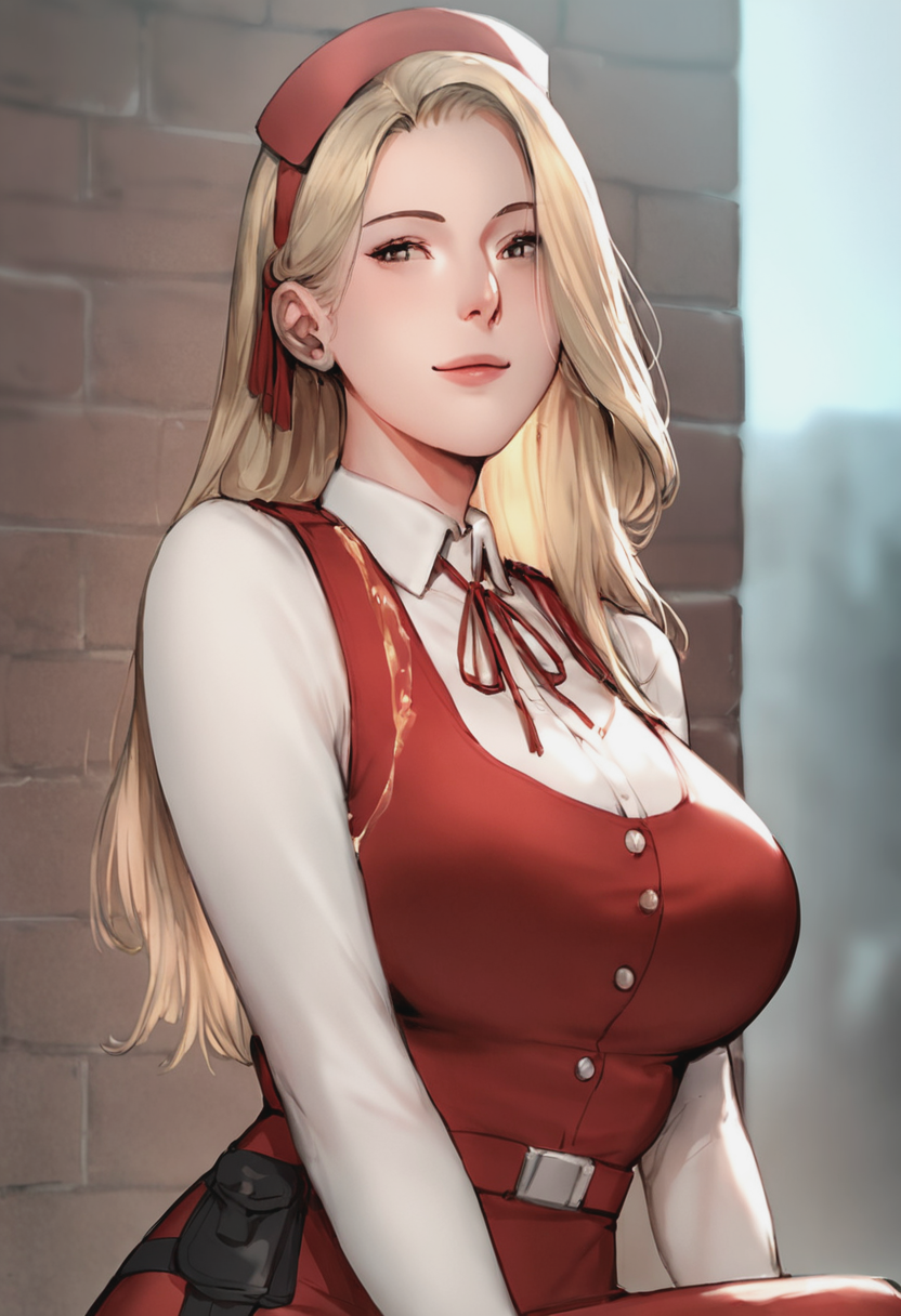 source_anime, score_9, score_8_up, score_7_up, 1girl, mature_female, large_breasts, portrait, solo, Kneeling with head bowed, perspective, (Brick red Band Uniform), Honey Blonde hair, face, rating_safe, <lora:pony\artist_styles\scarlett_ann_pony:0.9>