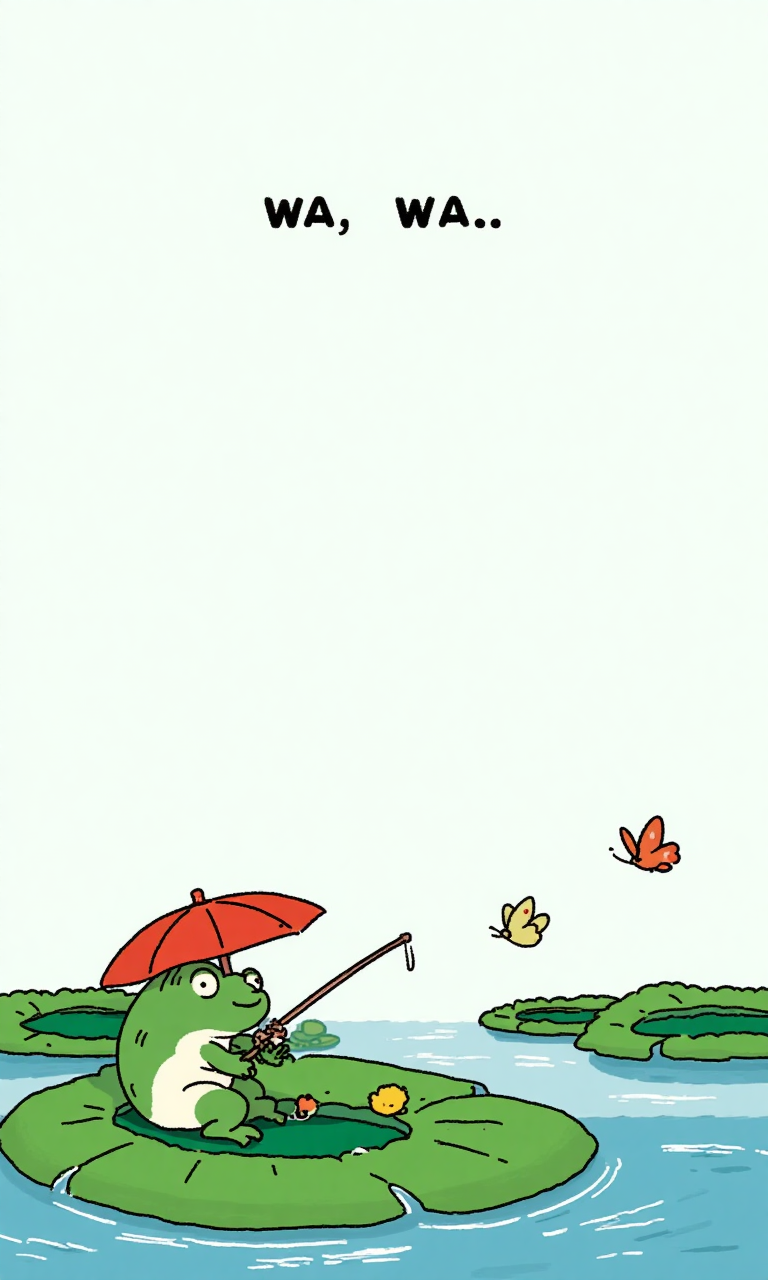 A frog is fishing on a lotus leaf. He is wearing a parasol. There are words "wa..wa.." in the sky. There are a few butterflies flying next to the words. <lora:flux-test\flux.1_lora_flyway_simple-illustration.safetensors:1.1:1.1>