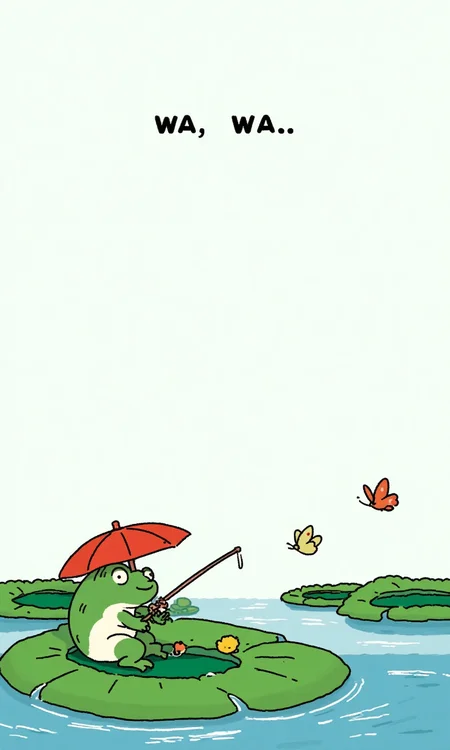 A frog is fishing on a lotus leaf. He is wearing a parasol. There are words "wa..wa.." in the sky. There are a few butterflies flying next to the words. <lora:flux-test\flux.1_lora_flyway_simple-illustration.safetensors:1.1:1.1>