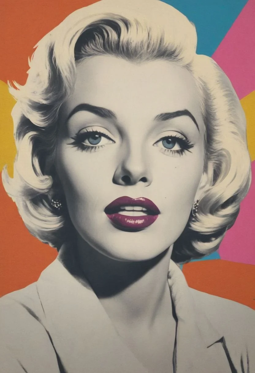 a 1950s pop art collage style portrait of Marylin Monroe , pop art, bold colors