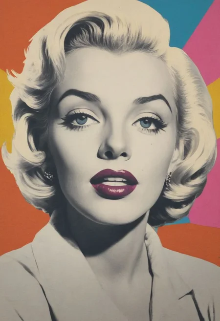 a 1950s pop art collage style portrait of Marylin Monroe , pop art, bold colors