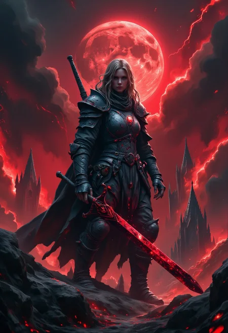 The image is a highly detailed, photorealistic CGI rendering of a closeup of a fierce, beautiful and enchanting female crusader standing in the heart of a twisted, dark fantasy realm. Her long blonde hair, tangled and windswept, flows from beneath a battle-worn helmet stained with the blood of both allies and enemies. Her once-glorious plate armor is now tarnished, scarred, and splattered with ash, barely reflecting the dim, sickly light of a dying moon. In her hands, she grips a extremly massive, cursed greatsword, its blade pulsing with dark, forbidden runes, as though feeding off the corruption of the land. The sky is a chaotic mass of swirling, blood-red clouds, casting the barren landscape in an ominous glow. Twisted, grotesque figures writhe in the distance, and the ground beneath her feet is cracked and seeping with black ichor. Closeup of her beautiful face. Her gaze pierces through the gloom, a blend of unyielding resolve and haunted beauty, standing as the last remnant of righteousness in a world consumed by evil and decay.