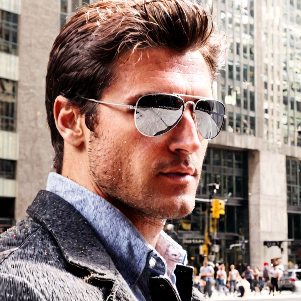 avigl45535, silver lens, sunglasses, handsome, man, sunny, brunette, charming, nyc, wallstreet, cinemagraph, cowboy shot