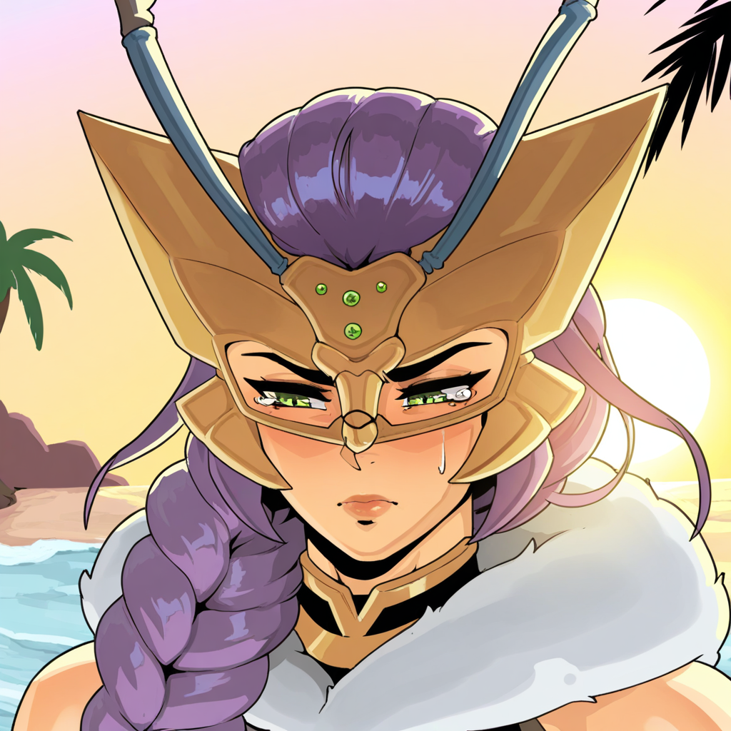 highres, best quality, masterpiece, very aesthetic, newest,1girl,solo,queenbeemon,antenna,purple hair,braided ponytail,hair ornament,green eyes, <lora:QueenBeemonIllustrious:1>,  cropped,portrait,close-up,sad,tear,outdoors,beach,sun,palm tree,jujunaught