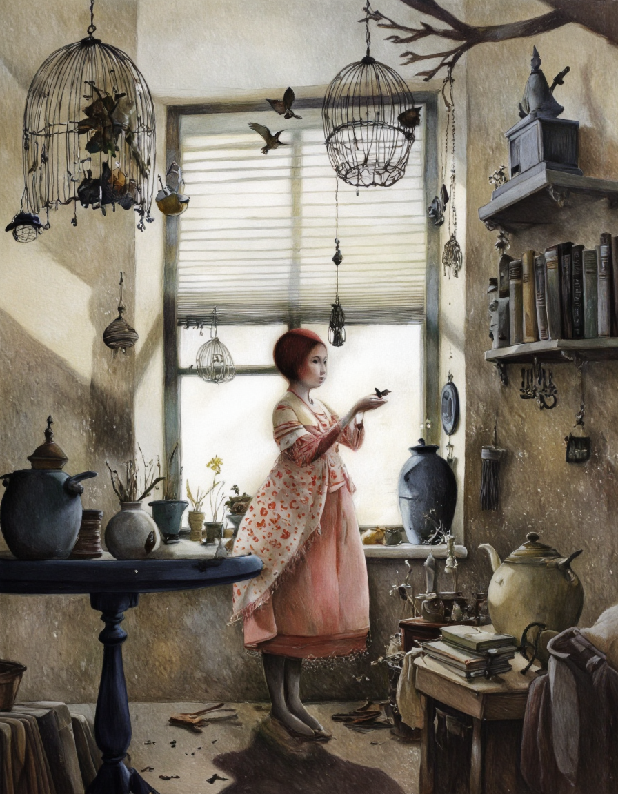 By Rébecca Dautremer. An illustration of a young girl stands in a dimly lit room, looking out of a window with blinds. the room is filled with various objects, including a birdcage hanging from the ceiling, a table with a pot and a vase, and a shelf with books. on the middle of the image, a young girl with short red hair and a pink dress stands, holding a small bird in her hands. she appears to be in her early twenties, with a gentle expression on her face. her hair is styled in a bob cut, and she is wearing a pink and white patterned shawl. the background features a large window with white blinds, and the room has a rustic, vintage feel with a muted color palette. the overall atmosphere is one of quiet contemplation, with young girl standing in the center of the room.