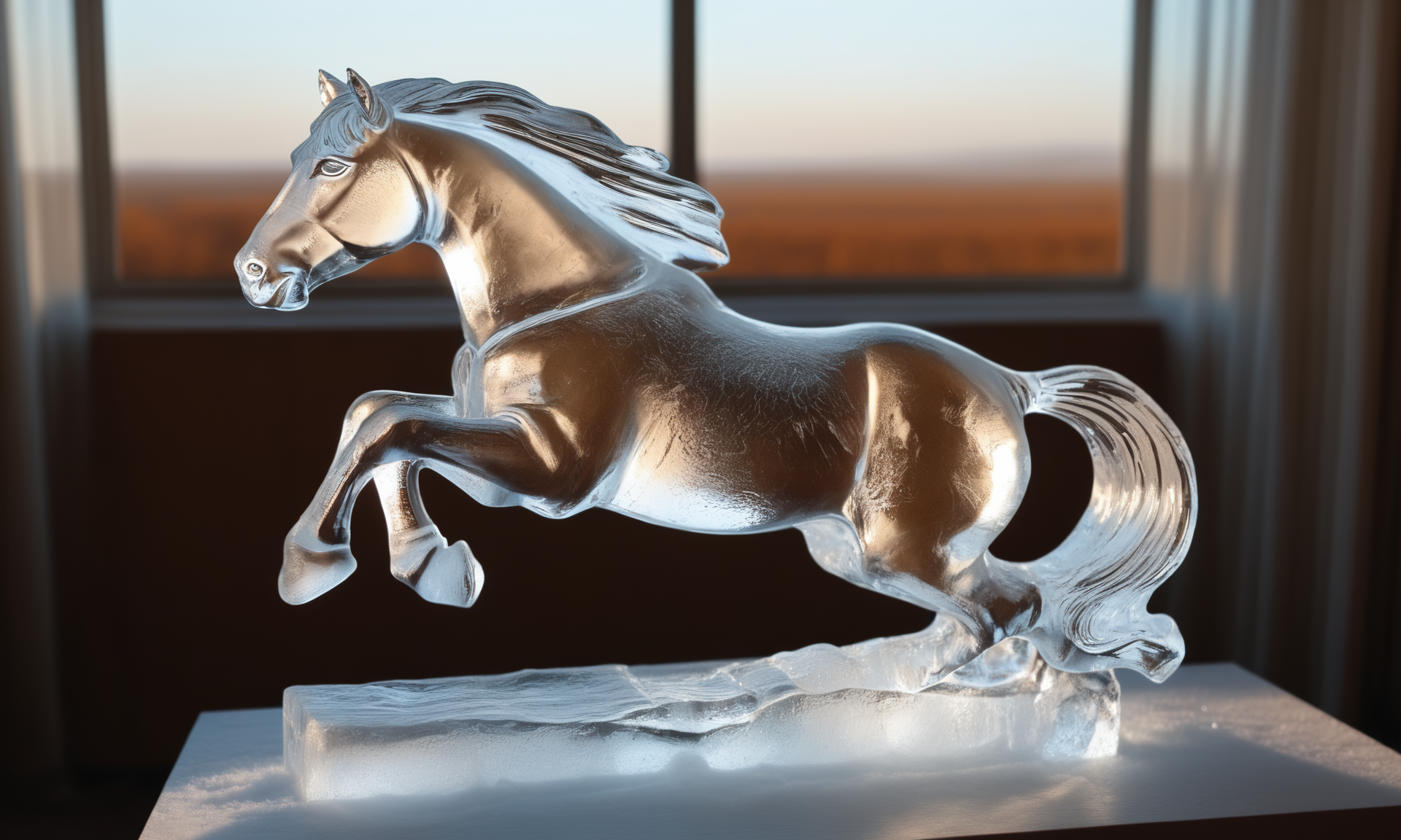 <lora:icecarvingcd_xl-000013:0.8>,close-up,a horse sculpture made of (icecarvingcd_xl,transparent:1.2,see-through:1.2,air bubble,cracked:1.3,broken:1.3,melting ice:1.3) on table,chilled,indoors,living room,simple background,no humans,fine art,detailed,hi-res photo, emotional,harmonious,high budget,moody,epic,gorgeous,perfect lighting,realistic,photorealistic,photographic,photo (medium),real,moody lighting,volumetric lighting,reality ray tracing,8K,HDR,UHD,masterpiece,best quality,highly detailed,high resolution,finely detail,extremely detailed,ultra detailed,wallpaper