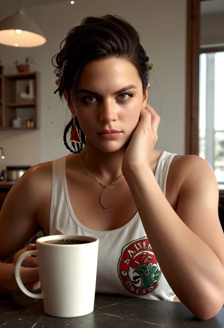 score_9, score_8_up, score_7_up Azucena Ortiz balances her roles as a coffee mogul and a fierce fighter pose