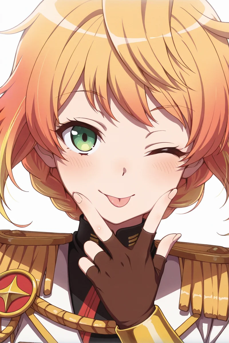 masterpiece, best quality, amazing quality,
<lora:Minku_IL:1> minku, 1girl, green eyes, tongue, solo, one eye closed, tongue out, epaulettes, fingerless gloves, gloves, multicolored hair, blonde hair, ;p, short hair, uniform, orange hair, close-up, akanbe