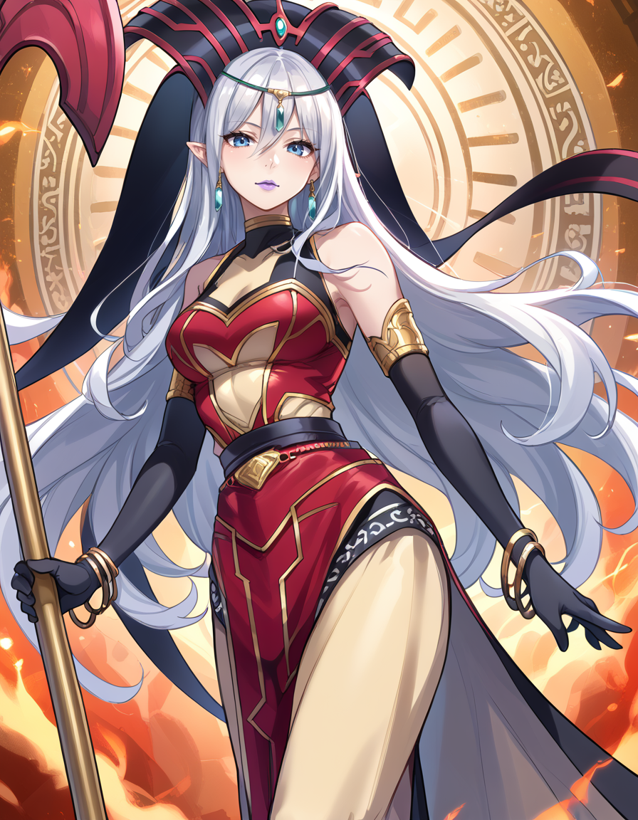 (score_9:0.9),score_8_up,score_7_up,rating_safe,anime style,(zPDXL),(zPDXL3),
<lora:Ruin Supreme Queen of Oblivion ponyXL v1.3:0.73>,ruin supreme queen of oblivion,1girl,solo,staff,gold bracelet,crystal earrings,black elbow gloves,red headdress,red dress,holding staff,crystal circlet,purple lips