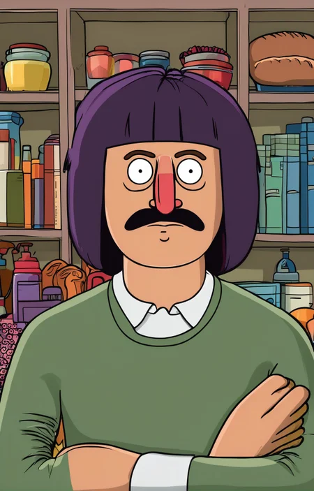 Bob's Burgers tv show Bob Belcher with sliced_bob hair <lora:xl_sliced_bob-1.0:0.5> and moustache