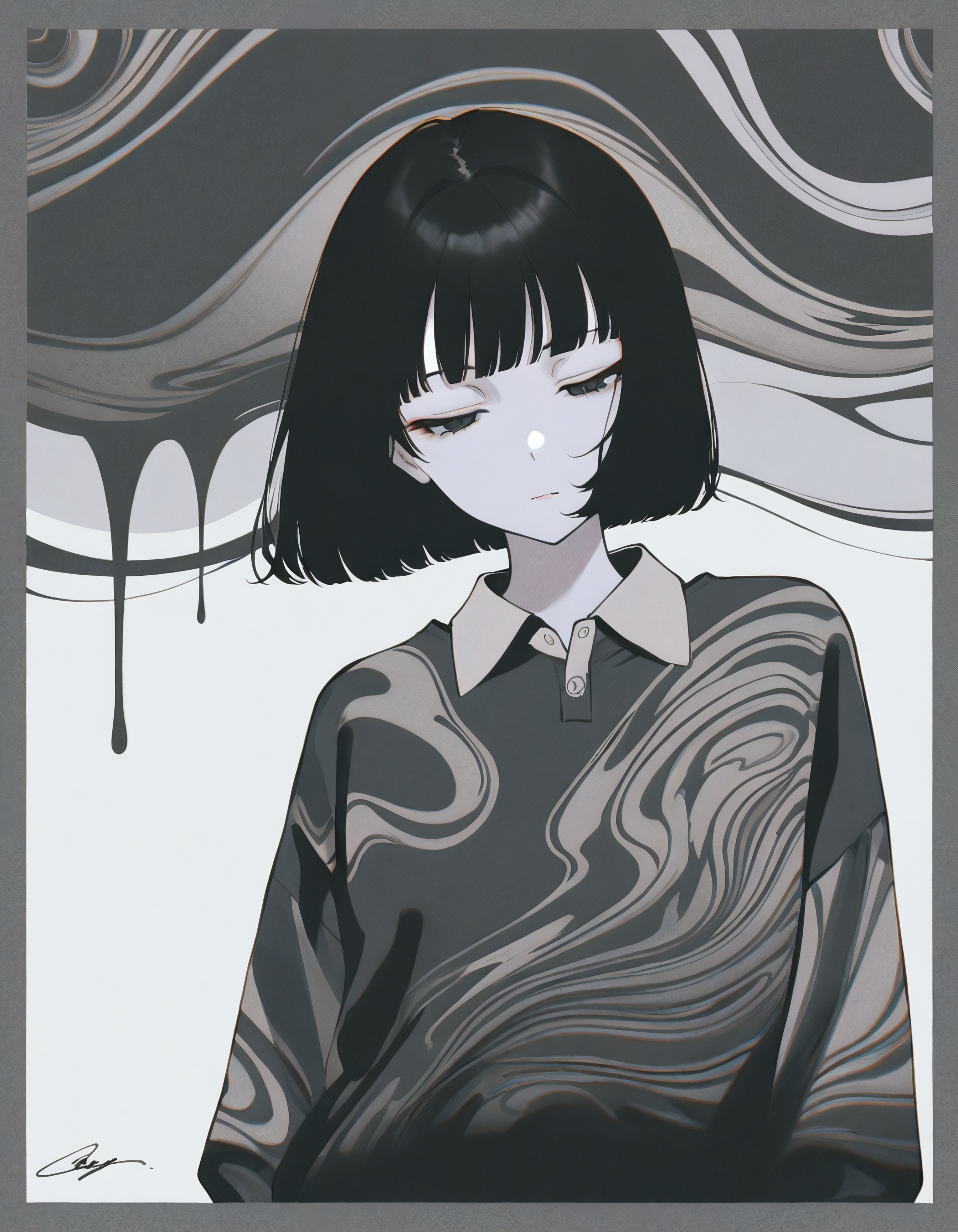 masterpiece, best quality, newest, absurdres, highres, very awa, <lora:dhjs_0010-waiNSFWIllustrious_v110_V1-CAME:0.6>, 1girl, grey border, 1girl, solo, black hair, short hair, bob cut, abstract, shirt, upper body, collared shirt, half-closed eyes, expressionless, blunt bangs, print shirt, film grain, dress, pale skin, muted color, signature, grey background, closed mouth