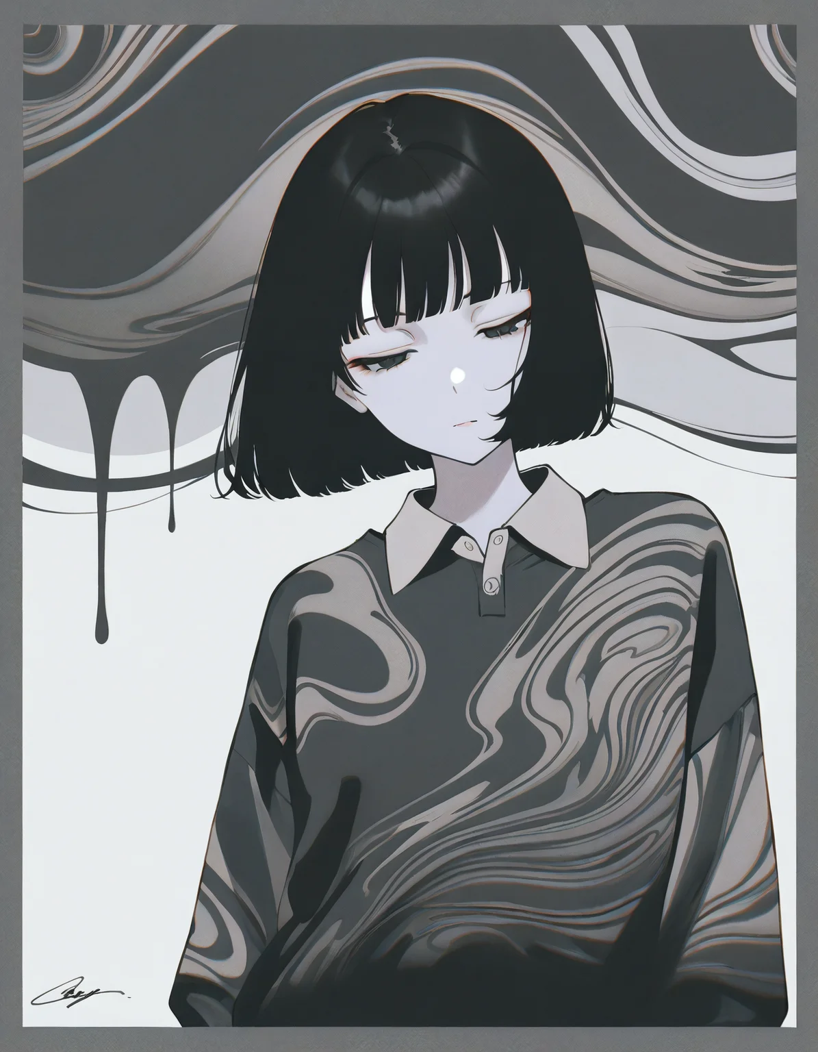 masterpiece, best quality, newest, absurdres, highres, very awa, <lora:dhjs_0010-waiNSFWIllustrious_v110_V1-CAME:0.6>, 1girl, grey border, 1girl, solo, black hair, short hair, bob cut, abstract, shirt, upper body, collared shirt, half-closed eyes, expressionless, blunt bangs, print shirt, film grain, dress, pale skin, muted color, signature, grey background, closed mouth