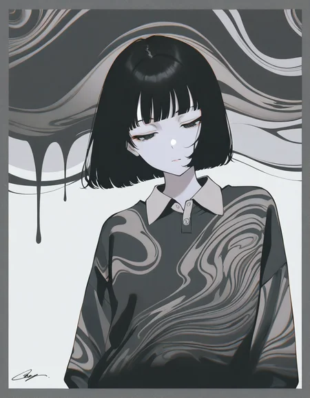 masterpiece, best quality, newest, absurdres, highres, very awa, <lora:dhjs_0010-waiNSFWIllustrious_v110_V1-CAME:0.6>, 1girl, grey border, 1girl, solo, black hair, short hair, bob cut, abstract, shirt, upper body, collared shirt, half-closed eyes, expressionless, blunt bangs, print shirt, film grain, dress, pale skin, muted color, signature, grey background, closed mouth