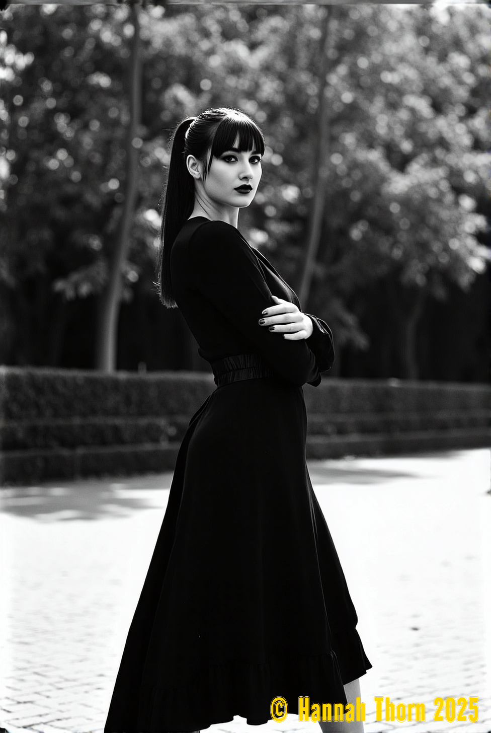 A striking monochrome portrait in the style of Helmut Newton and Peter Lindbergh, featuring a figure with long, straight dark hair pulled back in a sleek ponytail, framing a face with dark makeup and bangs.  The subject, clad in a long-sleeved black dress cinched at the waist with a ruffled hem, stands slightly angled away from the camera, arms crossed, exuding an air of cool confidence.  Employ a high-contrast chiaroscuro lighting technique with deep blacks and strong shadows, reminiscent of Caravaggio, creating a dramatic interplay of light and dark. The shallow depth of field, inspired by cinematic techniques, blurs the grey paved background into an indistinct expanse, emphasizing the sharp detail of the figure and her dress.  Capture a grainy, high-resolution film aesthetic, evoking the raw energy of classic black and white photography.  The overall mood should be sophisticated, mysterious, and powerfully evocative, with a touch of Art Deco elegance in the lines and form of the dress. <lora:_Flux\_Photographer\Helmut_Newton-000001.safetensors:0.8:0.8>