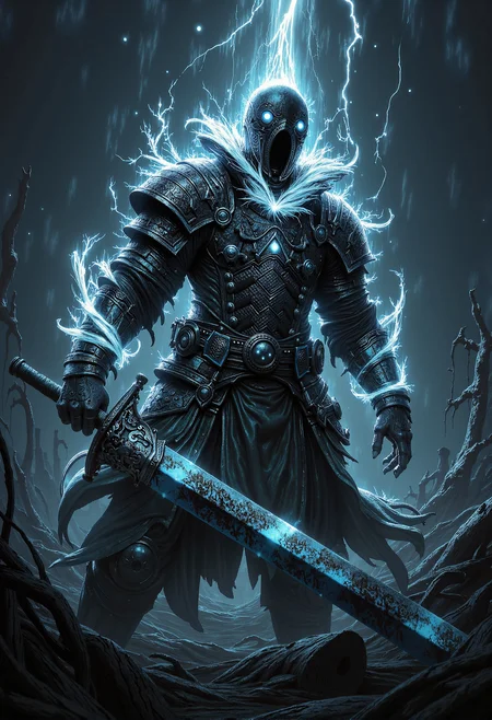 A dramatic low-angle shot capturing a headless ghostly knight in an effortlessly cool pose. The towering figure stands with confidence, its massive, spectral greatsword casually resting on one armored shoulder, exuding both menace and nonchalance. The knightâs ethereal armor shimmers faintly with ghostly light, intricate engravings glowing softly in the dim, eerie atmosphere. Wisps of mist curl around its neck where the head should be, hinting at supernatural energy. The backdrop is a desolate battlefield under a stormy sky, the knight silhouetted against flashes of lightning, enhancing its otherworldly aura and commanding presence. <lora:aidmaDall-E3-FLUX-v0.1.safetensors:1.0>,  <lora:midjourney_whisper_flux_lora_v01.safetensors:0.5>,  <lora:zhongfenghuaStyle_FLUX_ Lora.safetensors:0.85>,  <lora:Midjourney_-_SemiReal_Dreams_FLUX_LoRA.safetensors:0.5>,