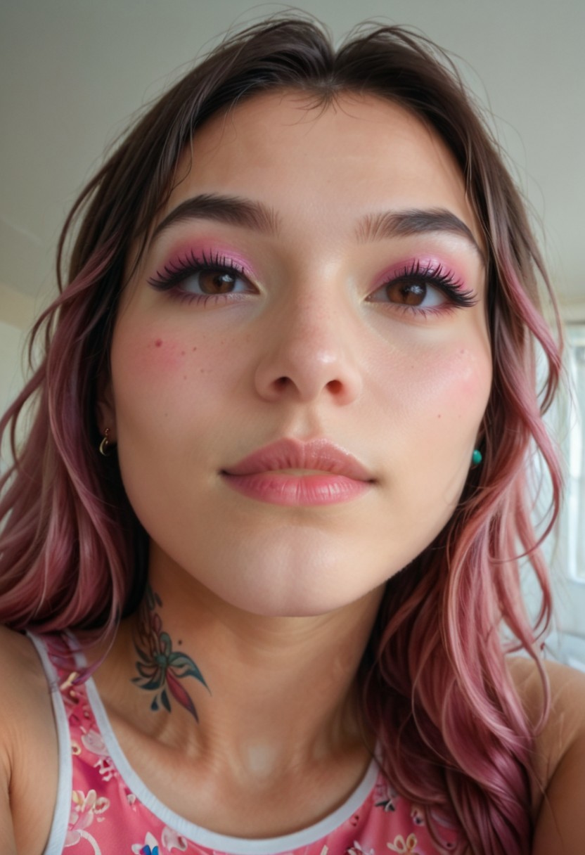 (aerial perspective), The image features a person with intricate asian face tattoos, wearing a brightly colored, patterned outfit, and accessorized with vibrant, multi-colored jewelry. The overall color scheme is dominated by shades of pink and blue, giving it a striking and artistic appearance,