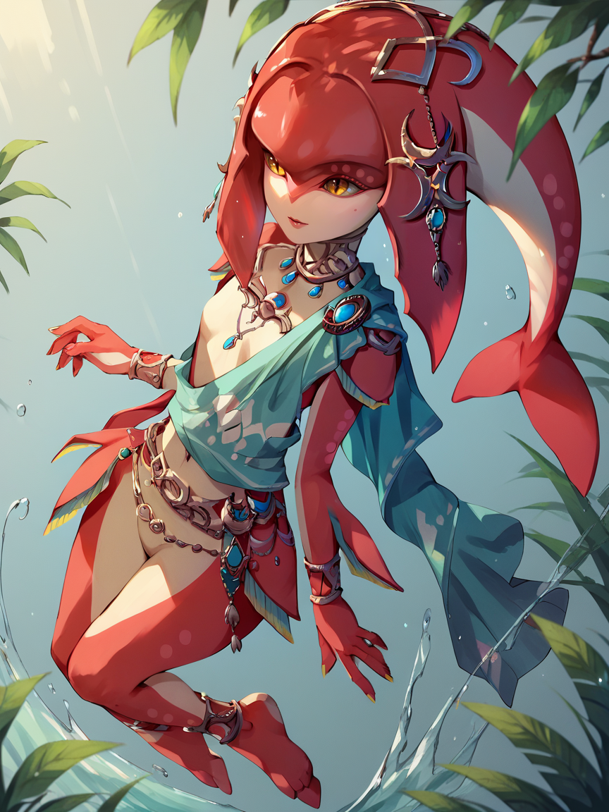 score_9, score_8_up, score_7_up, score_6_up, score_5_up,   <lora:miphaXLP:1> mipha, 1girl, zora, red skin, solo, yellow eyes, anklet, water