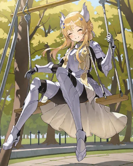<lora:EcclesiaLoraXL:0.85>,(1girl:1.2),(solo:1.2),masterpiece,best quality,nice hands,perfect hands,long hair,happy expression,closed eyes,full body,blonde hair,armor,facial mark,park background,sitting on a swing,swinging legs,