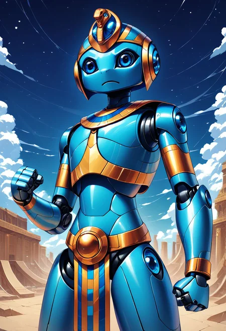 score_9, score_8_up, score_7_up,
zzEgyptian, usekh collar, gold trim, jewelry, gold, eye of horus, pharaoh's headdress, armlet,
CivBot, blue eyes, sky, cloud, no humans, glowing, stars, science fiction, fist, clenched fist, radio antenna, cowboy shot, blue robot,
