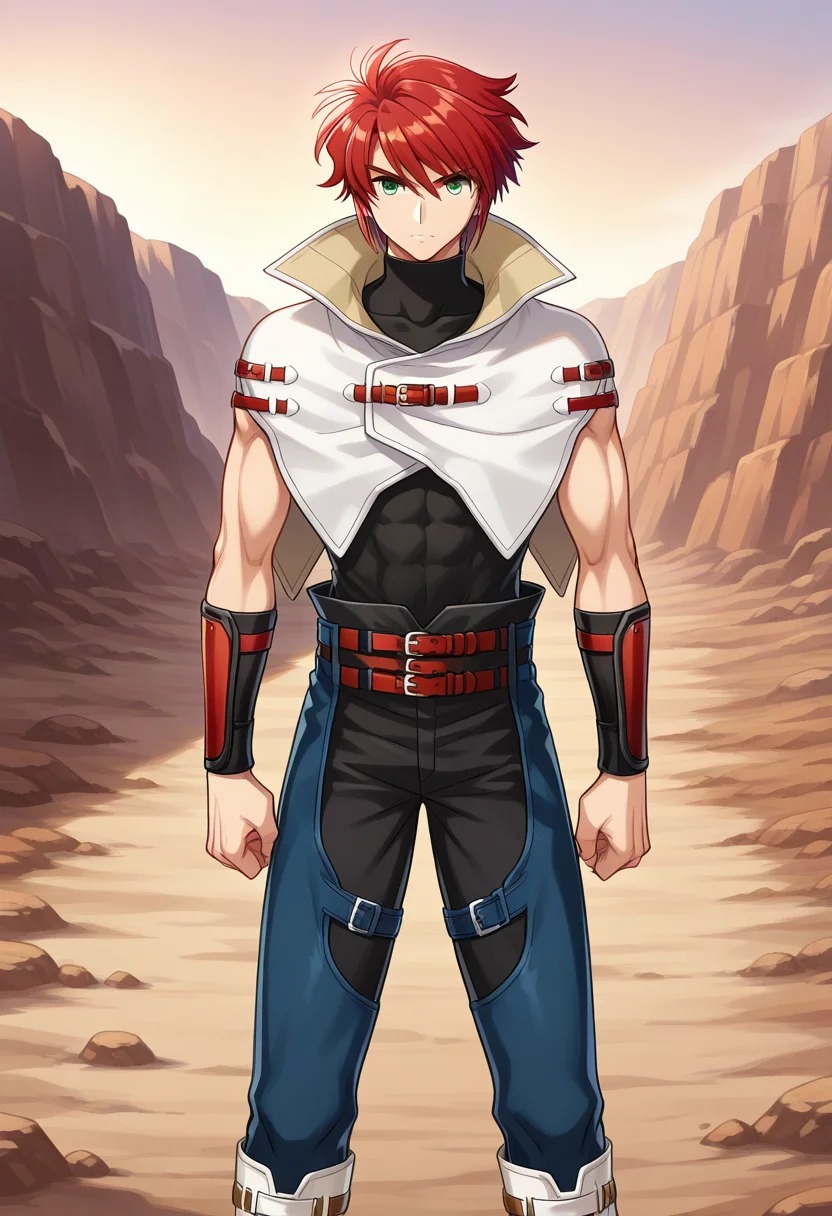 1boy, solo, forukashura, muscular, red hair, short hair, green eyes, capelet, high collar, bracer, sleeveless shirt, sleeveless, turtleneck, belt, pants, chaps, knee boots, outdoors, quarry, standing, serious, straight-on, arms at side,