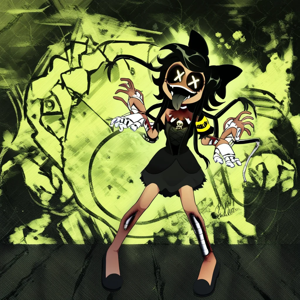 Cyn, 1girl, solo, x pupils, black hair, smile, open mouth, tongue, black dress, armband, yellow armband, extra hands, wallpaper, score_9