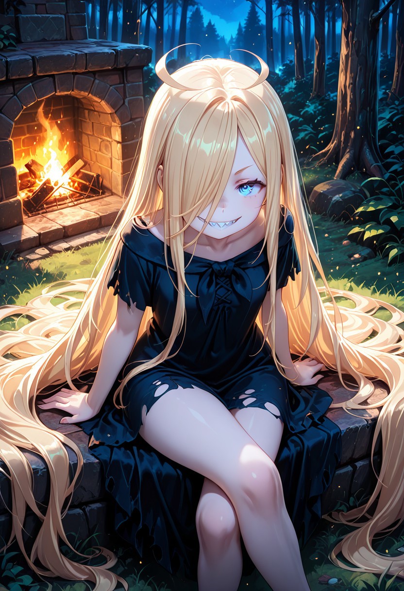 1girl, solo, masterpiece, best quality, newest, absurdres, CG, anime, source anime, illustration, very aesthetic, high resolution, ultra-detailed, newest, scenery, medium depth of field, rule of thirds, masterpiece-level, clean lines, 
BREAK 1girl, ((solo)), ru1, blonde hair, absurdly long hair, blue eyes, hair over one eye, sharp teeth, antenna hair, pale skin,
torn black dress, short sleeves, barefoot
dynamic pose, sitting, crossed legs, grin, evil smile, upper body, close shot, from above
outdoors, meadow, fireplace, forest, night
cinematic angle, various angles, detailed background, beautiful background, (rays light:1.0),(grow:1.0) mystical, luminism, vibrant colors, light particles