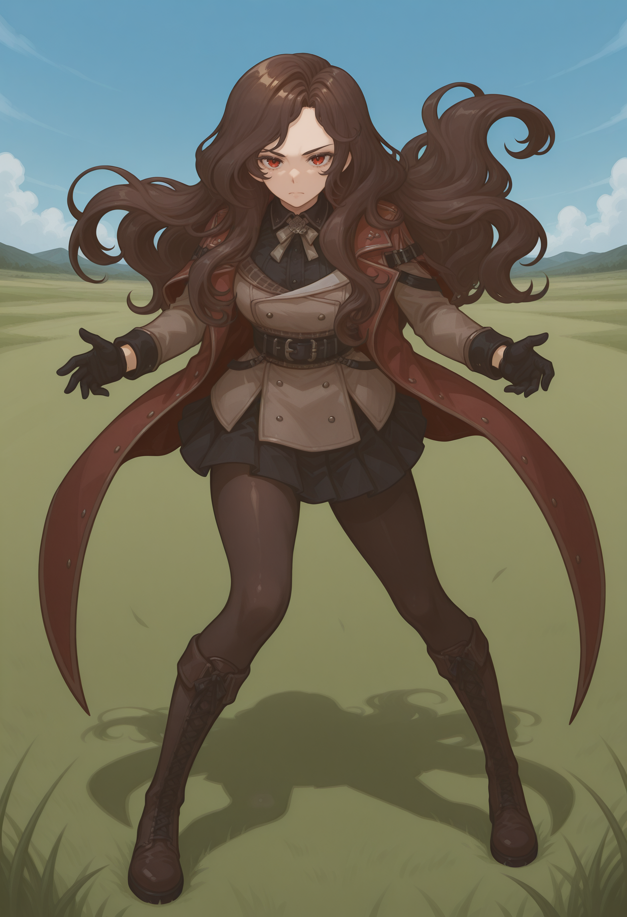 pandoria_redfins, red eyes, brown hair, long hair, wavy hair, black gloves, jacket, coat, black shirt, black skirt, pleated skirt, pantyhose, <lora:Pandoria_Redfins_illustrious_ver1:0.8> 
serious, full body,, masterpiece, best quality, sensitive,, 1girl, solo, blue sky, (grasslands:1.2), looking at viewer,, (dynamic pose:1.4), (upside-down:-1),