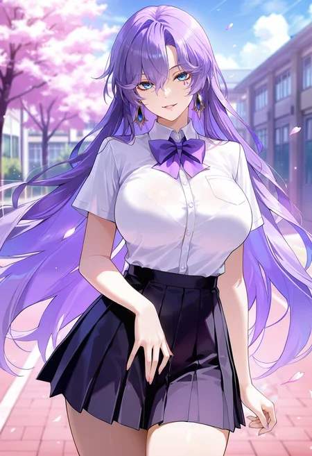 masterpiece, best quality, amazing quality,cantarella, blue eyes, purple hair, hair between eyes, purple under eye one facial mark,1girl, long hair, breasts, solo, large breasts,school uniform,pleated skirt,white shirt, black skirt, purple bow,short sleeves, parted lips, light smile, standing, looking at viewer, cowboy shot, blurry background, outdoors, school, cherry blossoms <lora:cantarellaV1:0.8>