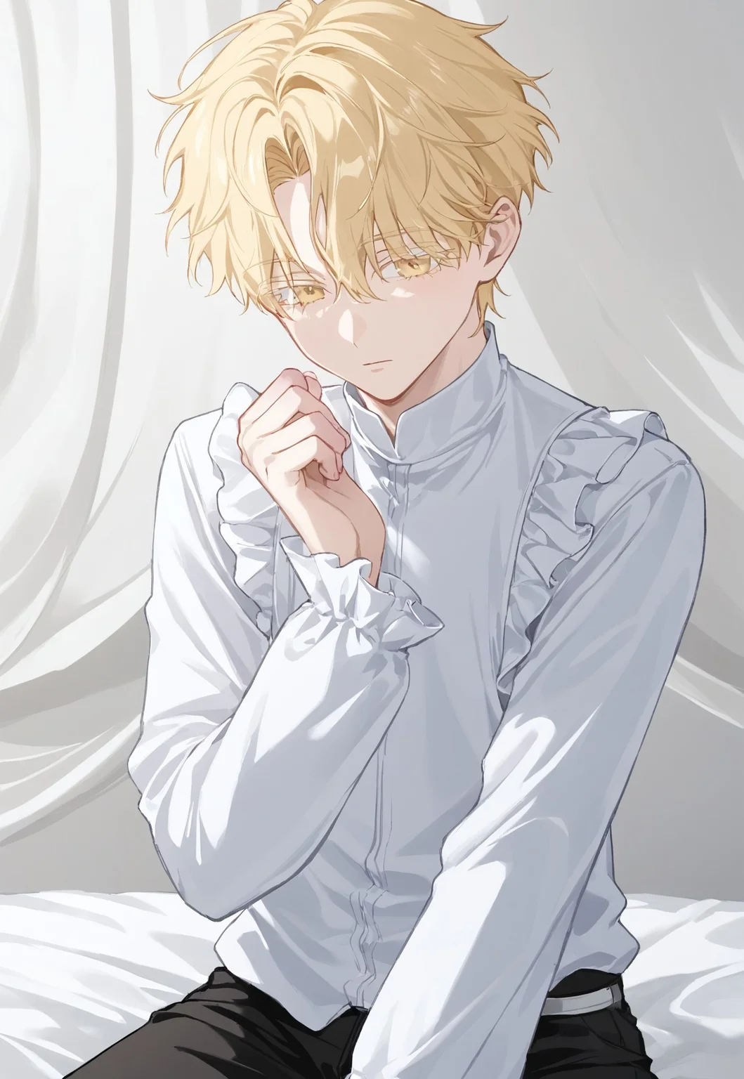 ((solo)), (male), Expressiveh, male focus, luka, black pants, blonde hair, clothing cutout, colored extremities, colored eyelashes, frilled sleeves, frills, long sleeves, pants, shirt, short hair, white shirt, yellow eyes, very short hair, neutral face