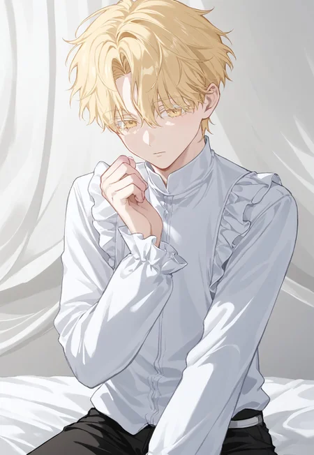 ((solo)), (male), Expressiveh, male focus, luka, black pants, blonde hair, clothing cutout, colored extremities, colored eyelashes, frilled sleeves, frills, long sleeves, pants, shirt, short hair, white shirt, yellow eyes, very short hair, neutral face