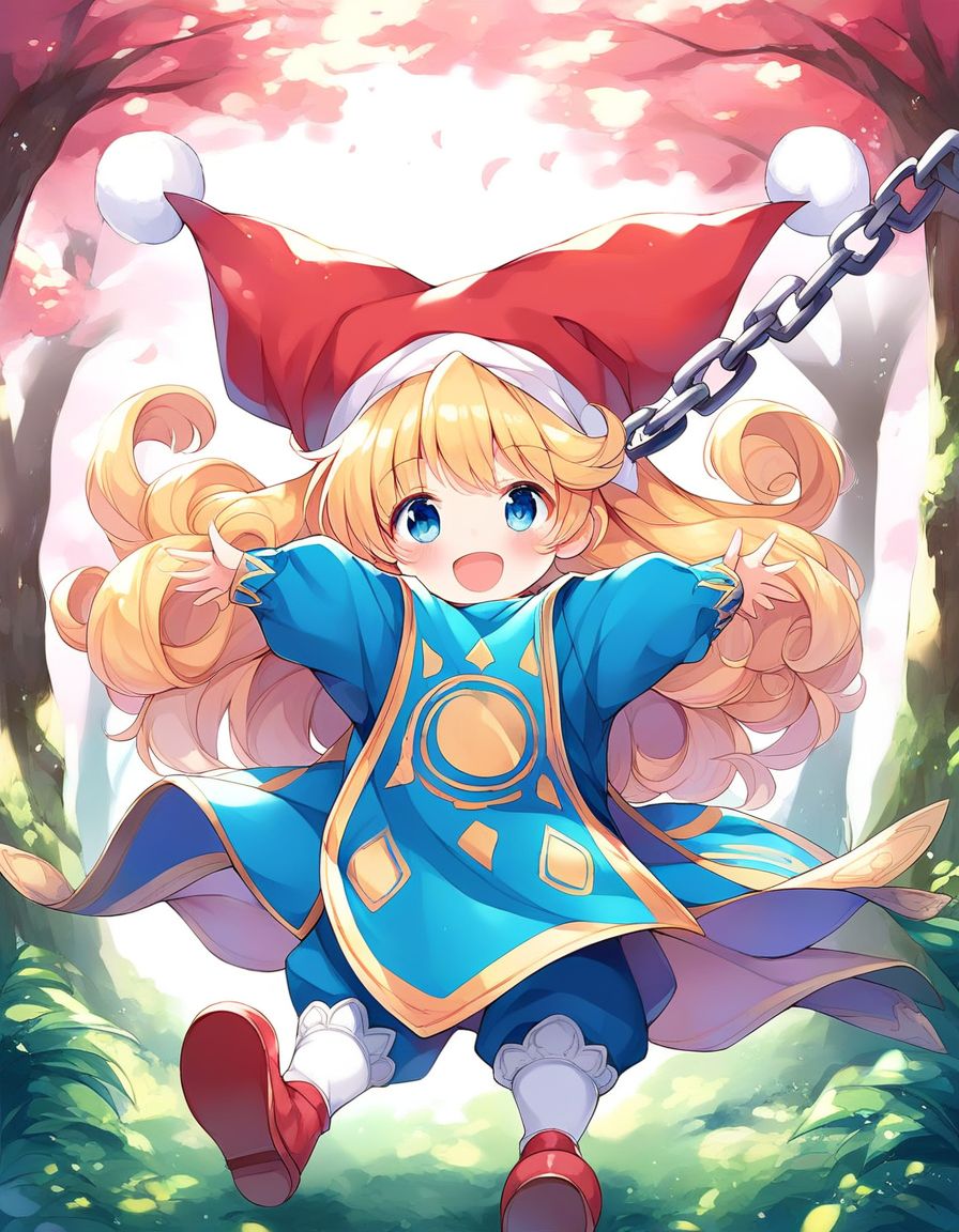 score_9, score_8_up, score_7_up, source_anime, rating_explicit, BREAK  <lora:Charlotte_seiken_densetsu3_XL:1>
Charlotte_seiken, 1girl, blonde hair, solo, blue eyes, long hair, smile, hat, open mouth, tabard, curly hair, 
weapon, jester cap, holding, full body,  looking at viewer, red footwear, holding weapon, blush, long sleeves, chain, :d, red headwear, bangs, star (symbol),
forest,