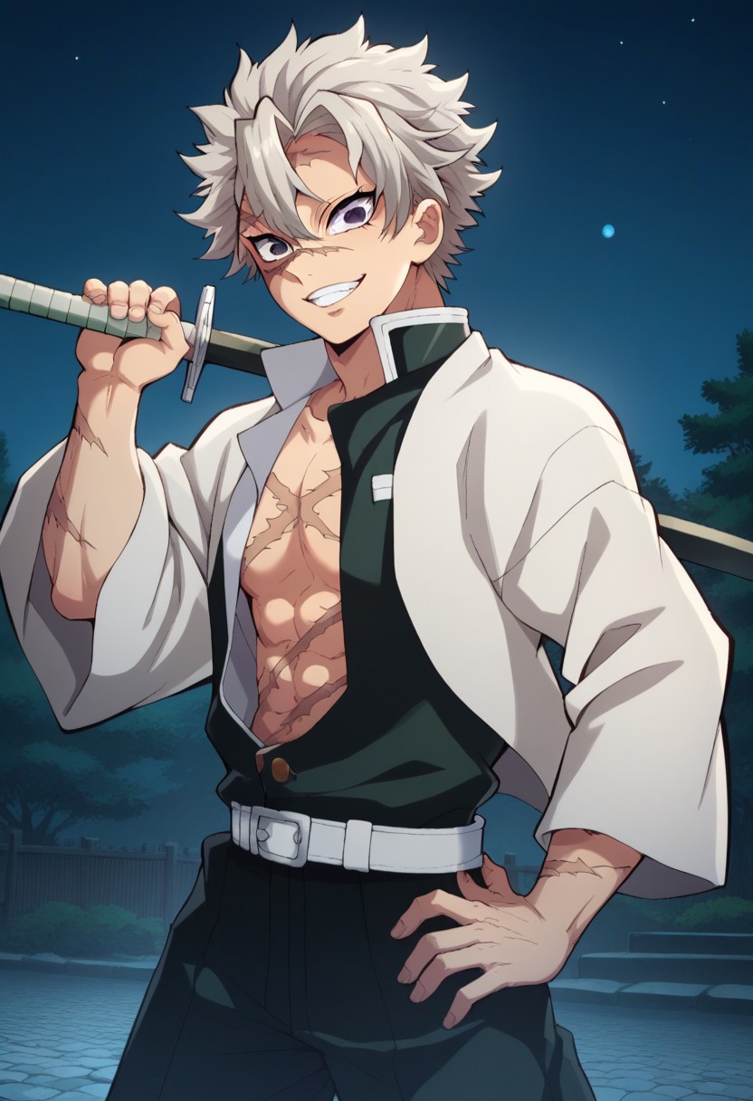 score_9, score_8_up, score_7_up, source_anime, highly detailed, 
sanemi, 1boy, demon slayer uniform, male focus, scar, solo, scar on face, scar on chest, scar on forehead, pants, belt, japanese clothes, black pants, looking at viewer, scar on arm, long sleeves, grey hair, haori, standing, open clothes, wide sleeves, upper body, grin, weapon, sword,
outdoor, sky, night, obscurity, demons,