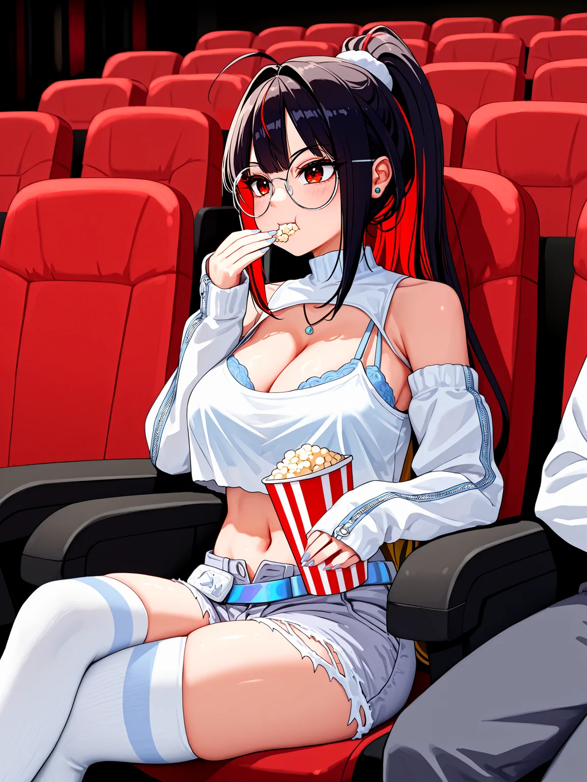 1girl, solo, focus, moranoffdutyqueen, red eyes, bare shoulders, large breasts, cleavage, midriff, navel, blue nails, nail polish, <lora:Moran_Off-Duty_Queen_IL:1>, BREAK,
black hair, red hair, brown hair, multicolored hair, streaked hair, colored inner hair, very long hair, high ponytail, hair scrunchie, ahoge, hair intakes, blunt bangs, double-parted bangs, long sidelocks, BREAK,
round eyewear, stud earrings, crop top, white camisole, halterneck, cleavage cutout, necklace, lingerie, bra peek, blue bra, BREAK,
shoulder cutout, detached sleeves, white sleeves, sleeves past wrists, sleeve zipper, zipper pull tab, BREAK,
torn shorts, grey shorts, short shorts, denim shorts, open fly, belt, dinosaur footprints, white thighhighs, white shoes, sneakers, BREAK,
sitting, holding, eating, popcorn, from side, BREAK,
1boy, out of frame, BREAK,
indoors, (movie theater, dark:2)