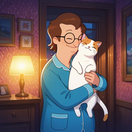 best quality, colorful, masterpiece, detailed_background, deep contrast, luminous lighting, cinematic ambiance, best quality, colorful, masterpiece, detailed_background, BREAK <lora:bb-frond-v1-08:1> bb-mfrond, 1boy, glasses, male focus, upper body, holding cats, smile, cheek-to-cheek, indoors, looking at another, closed eyes, hug, pajamas,