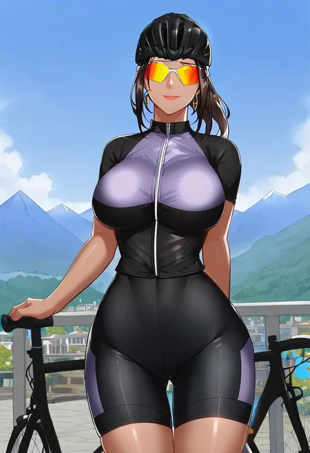 score_9, score_8_up, score_7_up, ASCII masterpiece, source_anime, BREAK, 1girl, solo, (( <lora:president_jang:1> , president_jang, thin waist, wide hips, beautiful tanned skin, beautiful dark brown eyes, clear eyes, bright pupils, beautiful eyes, beautiful dark brown hair, beautiful ponytail, huge and shaggy breasts, natural beauty, extraordinary beautiful woman, attractive woman, super sexy woman, lustful body, sexy woman with seductive obscene body, sensual body, voluptuous body, sexy beauty, no piercings, no piercing, )), ((black cycling top with purple print, black cycling shorts with purple print, )) , cycling sunglasses, black cycling helmet, closed mouth, sexy pose, seducative smile, outside, mountain, looking at viewer, horny, seductive, hands behind back, standing, from below, cowboy shot, front view, closing up, leans forward, huge cleavage,