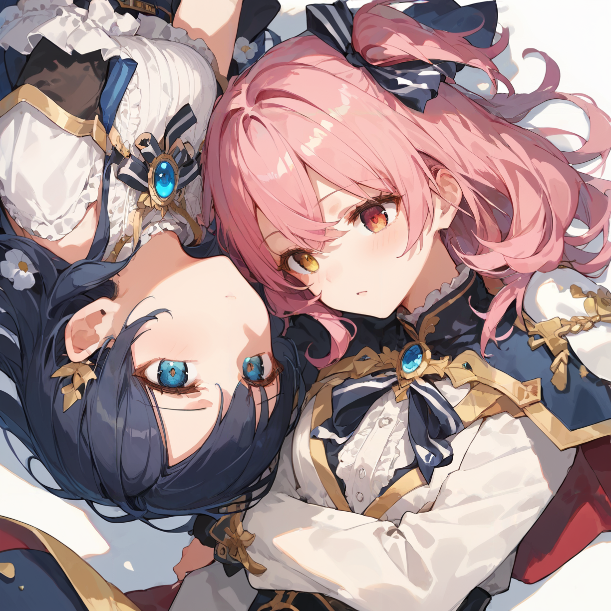score_9, score_8_up, score_7_up,source_anime, high res image,masterpiece,best quality,(girl:1.0),cute face,clear skin,shiny hair,ultra detailed eyes,simple background, <lora:yuri taiji diagram_pony_V1.2:1> yuri taiji diagram, 2girls, lying, looking at another