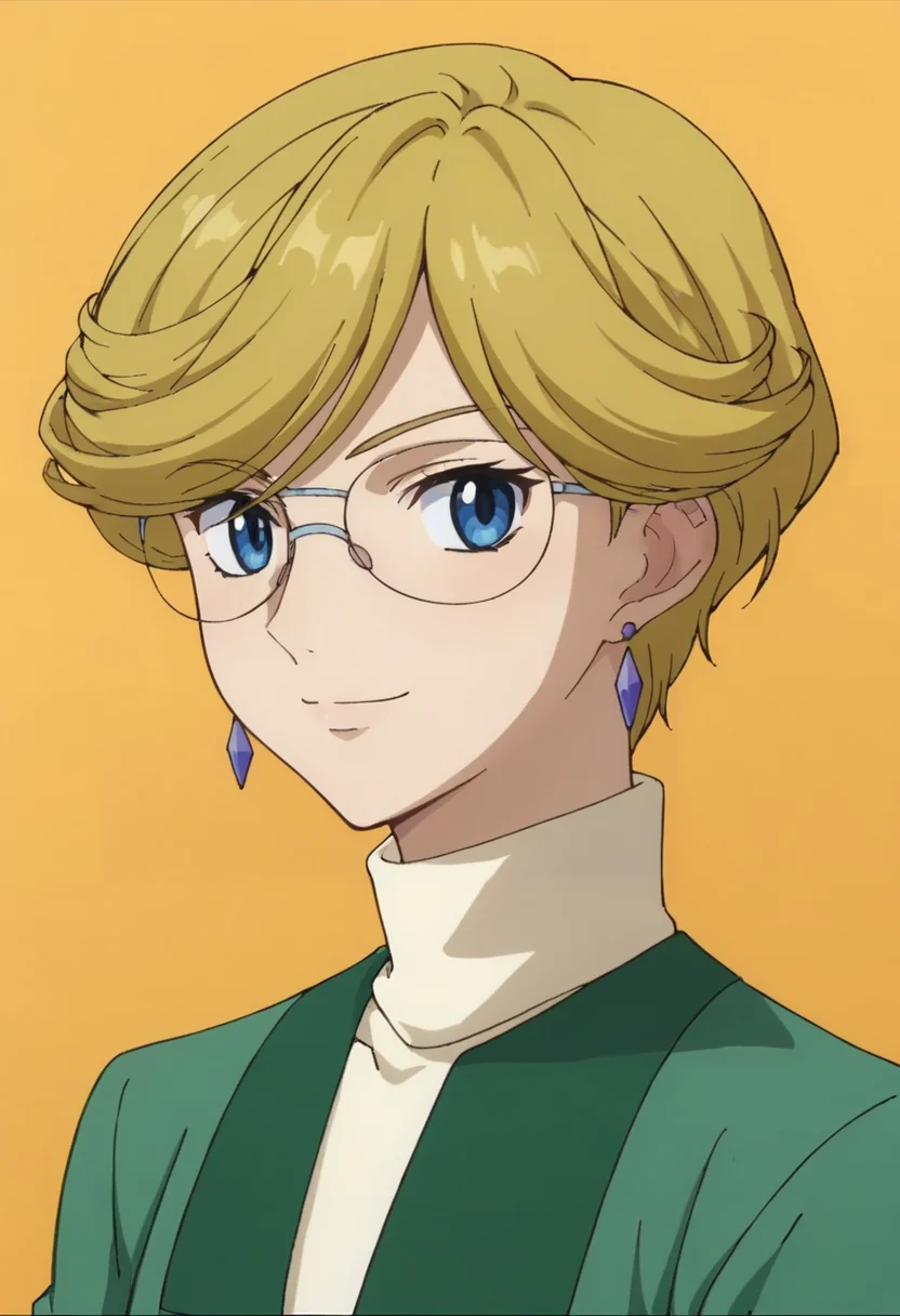 score_9,score_8_up,score_7_up,score_6_up,score_5_up,score_4_up,anime coloring BREAK source_anime,anime,<lora:Mrs._Halevy_Gundam_00_Pony:0.8>,mrshalevy,1girl,solo,blue eyes,blonde hair,short hair,glasses,jewelry,earrings,green jacket,white pants,smile,(multicolored background),upper body,looking at viewer,portrait,