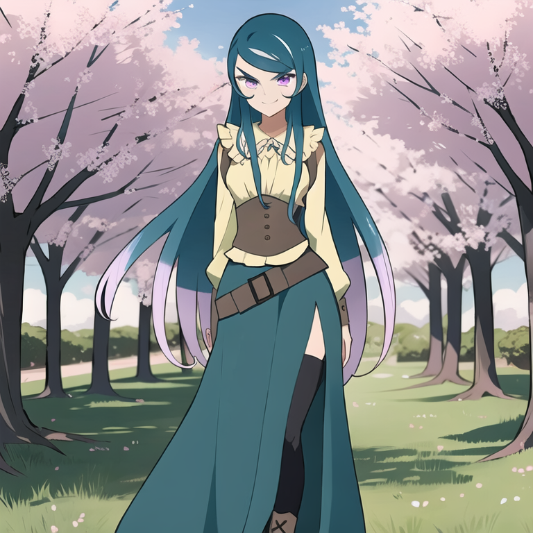 <lora:HarukaKamijo-08:0.9>, (extremely detailed:1.2),(highly detailed:1.1),(best quality:1.1),(masterpiece:1.1), 1girl, solo, HarukaKamijo, v-shaped eyebrows, long hair, very long hair, blue hair, purple hair, purple eyes, swept bangs, thighhighs, boots, belt, long skirt, frilled shirt, long sleeves, blue skirt, corset, necklace, jewelry, full body, outdoors, cherry blossom trees, <lyco:GoodHands-beta2 (1):1.0>, nice hands, perfect hands