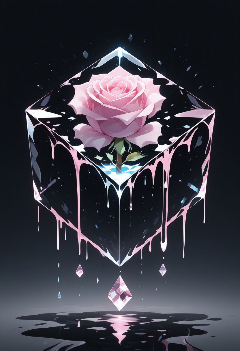 (masterpiece), best quality, Anime, Illustration, (Floating Cube, Crystal, Magic, Reflection, Melting, Dripping, Pink Rose), Black Background, No Humans, Starry Theme, (Light Refraction), White and Pink Theme, Natural Lighting, Verynsty