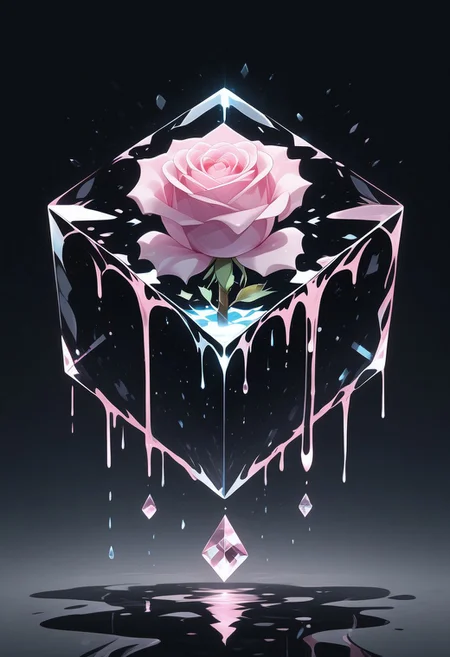 (masterpiece), best quality, Anime, Illustration, (Floating Cube, Crystal, Magic, Reflection, Melting, Dripping, Pink Rose), Black Background, No Humans, Starry Theme, (Light Refraction), White and Pink Theme, Natural Lighting, Verynsty