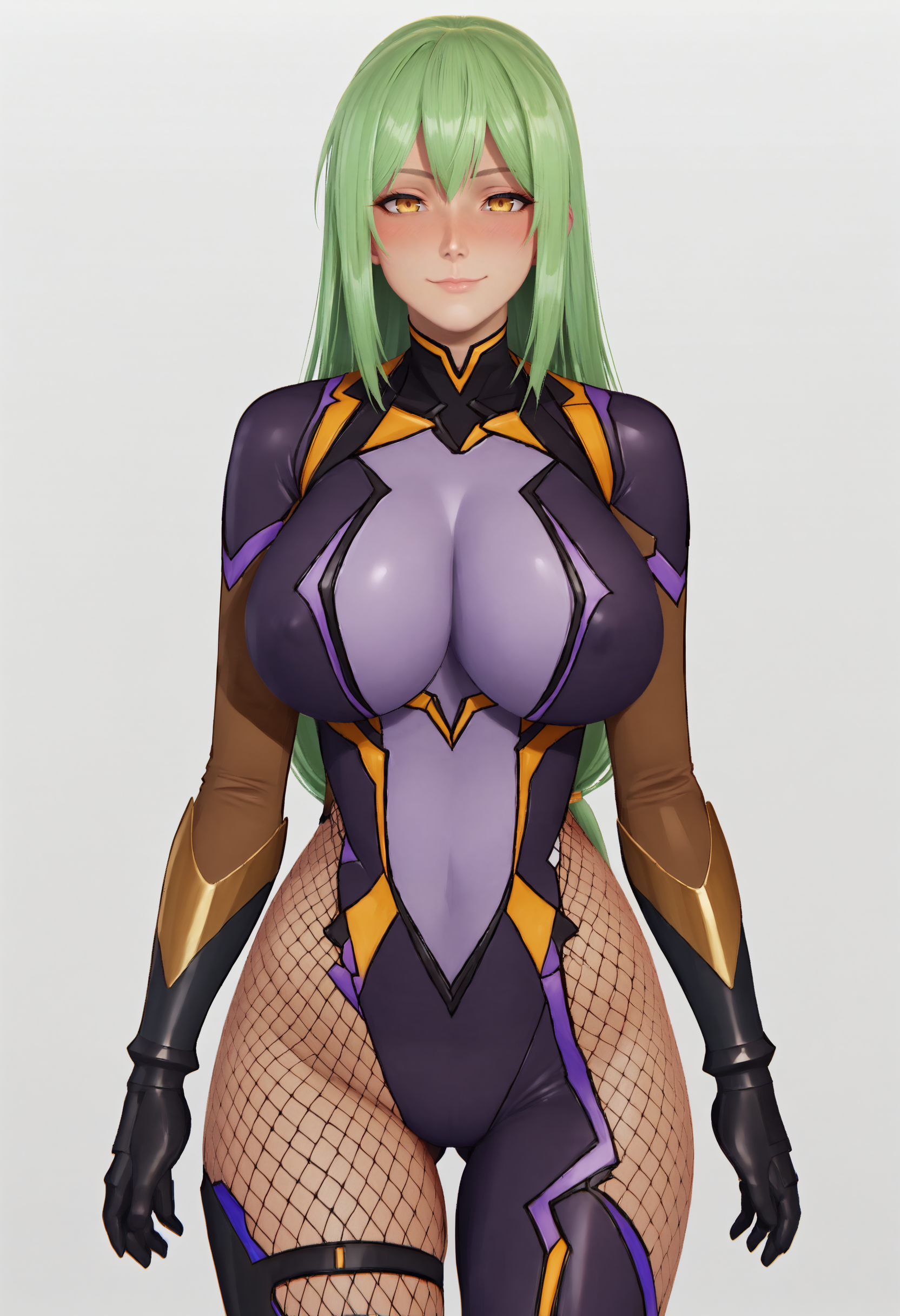 score_9, score_8_up, score_7_up, score_6_up, source_anime,
1girl, solo, (konno tohiro:0.5),
standing, 
looking at viewer, half-closed eyes, smile, blush,
Aishu_Hebiko_SK, green hair, long hair, yellow eyes, gloves, bodysuit, fishnets, skin tight, purple bodysuit, taimanin suit, fishnet bodysuit,
simple background, white background,
<lora:Aishu_Hebiko_SK:1>