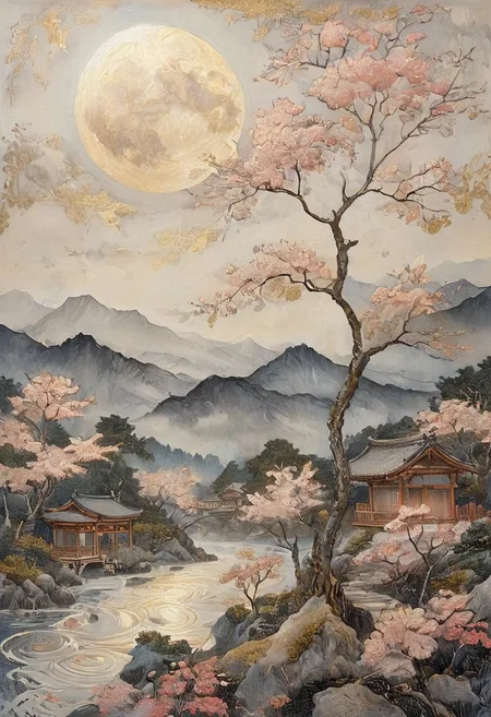 stunning artwork, psychodelic scenic japan night landscape, ink wash, ukiyo-e, sakura garden, mountains, lake, perfect composition, full moon, haze, low angle, masterpiece, award winning,, ultra detailed, highly detailed, 8k, uhd, gold leaf