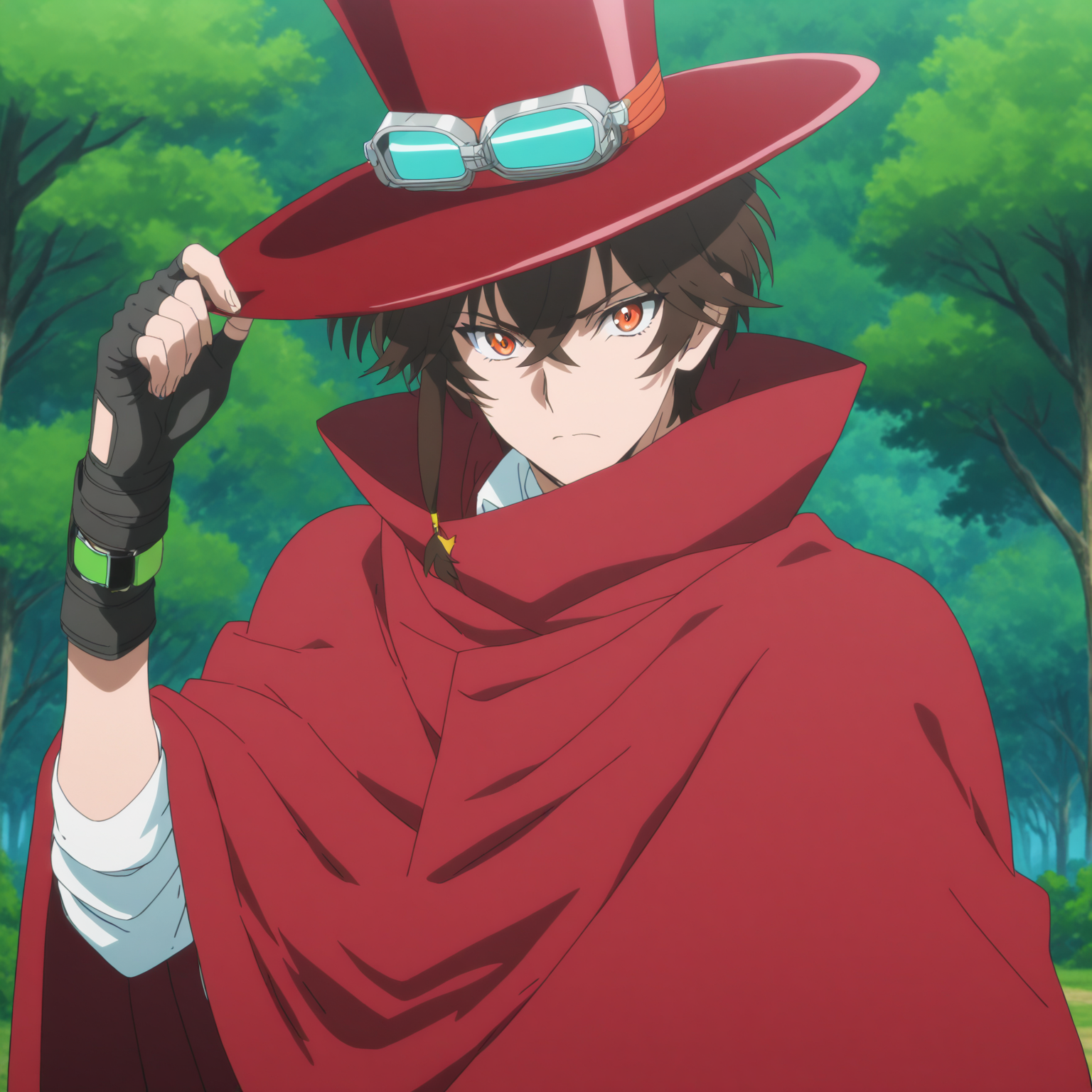 <lora:Sawyer_Tomura>,sawyer tomura,1boy,hat,gloves,male focus,fingerless gloves,solo,goggles,tree,top hat,red headwear,forest,black gloves,nature,cloak,outdoors,unworn headwear,cape,closed mouth,holding hat,unworn hat,red cloak,upper body,holding,(goggles on headwear:1.1),wristwatch,(anime screenshot:0.2),looking at viewer,orange eyes,masterpiece,high score,great score,absurdres,