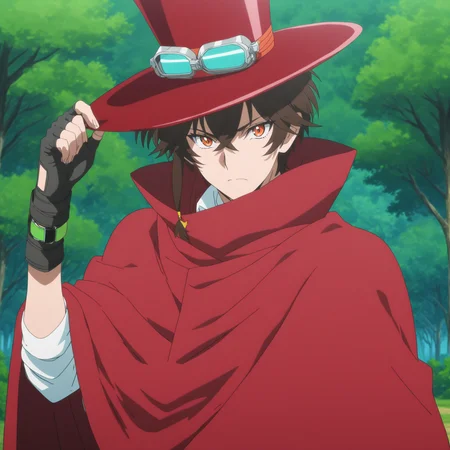 <lora:Sawyer_Tomura>,sawyer tomura,1boy,hat,gloves,male focus,fingerless gloves,solo,goggles,tree,top hat,red headwear,forest,black gloves,nature,cloak,outdoors,unworn headwear,cape,closed mouth,holding hat,unworn hat,red cloak,upper body,holding,(goggles on headwear:1.1),wristwatch,(anime screenshot:0.2),looking at viewer,orange eyes,masterpiece,high score,great score,absurdres,