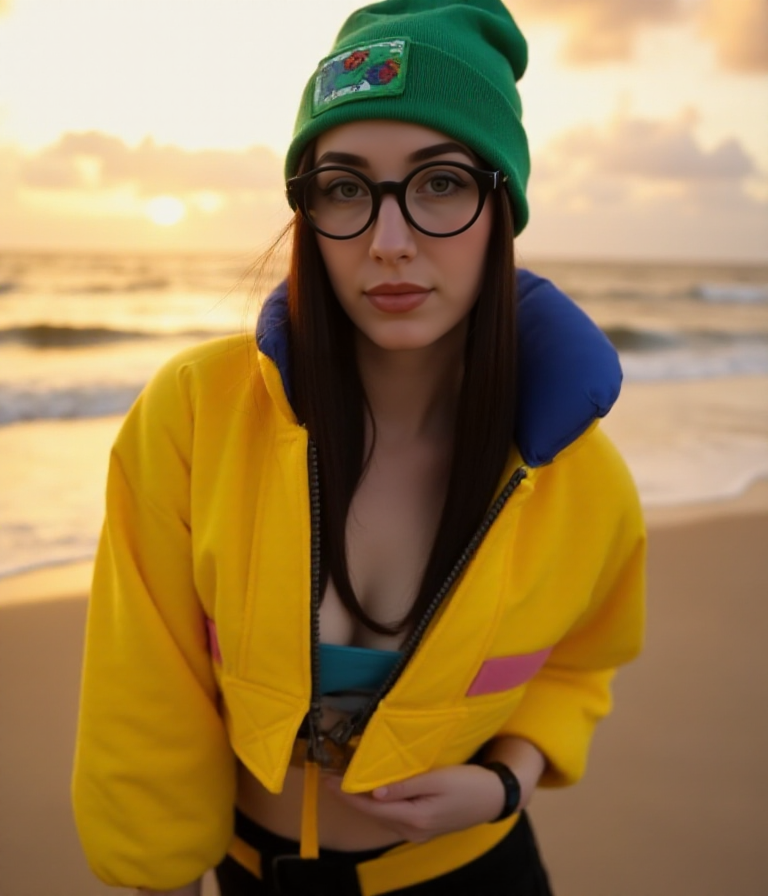 Closeup face portrait on the beach at sunset.  <lora:Killjoy:0.9> killjoy, a woman with a yellow jacket, black glasses, green hat, black pants.