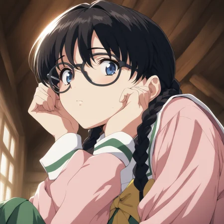 masterpiece,high score,great score,absurdres,solo,looking at viewer,upper_body,portrait,school_uniform,twin braids,pink long sleeves,yellow bow,green skirt,<lora:Shiho_Replay ag4o v1:1> shiho_replay, glasses, black hair, long hair, blue eyes,