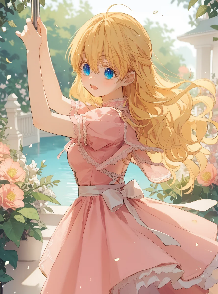 score_9_up, score_8_up, score_7_up, (Anime_source), open mouth, in garden, looking at viewer, <lora:Athanasia_-_Who_Made_Me_a_Princess_-_PONY-Kaleid:1> athanasia, 1girl, blue eyes, long hair, blonde hair, hair between eyes, bangs, medium breasts, pink dress, (clothes lift), from behind